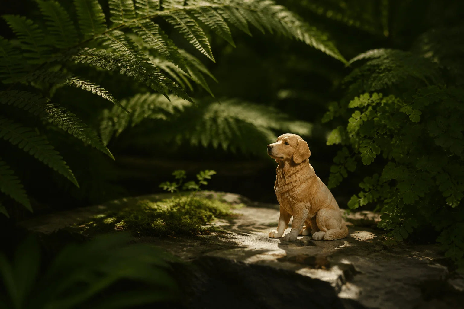 A golden retriever figurine seen through dappled foliage