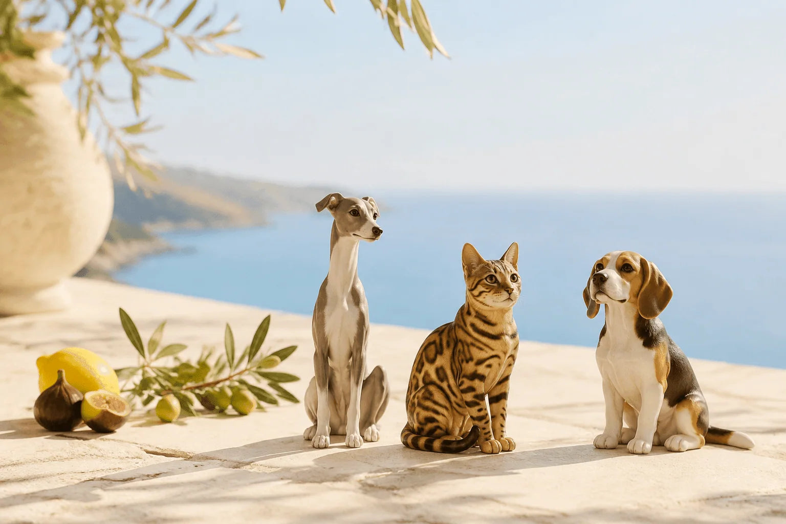 Editorial scene of pet figurines on a sunlit coastal terrace
