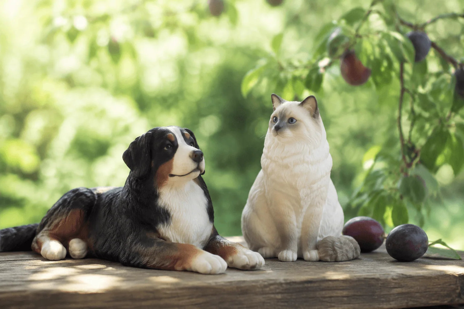 Quiet editorial portrait of dog and cat figurines on an orchard bench