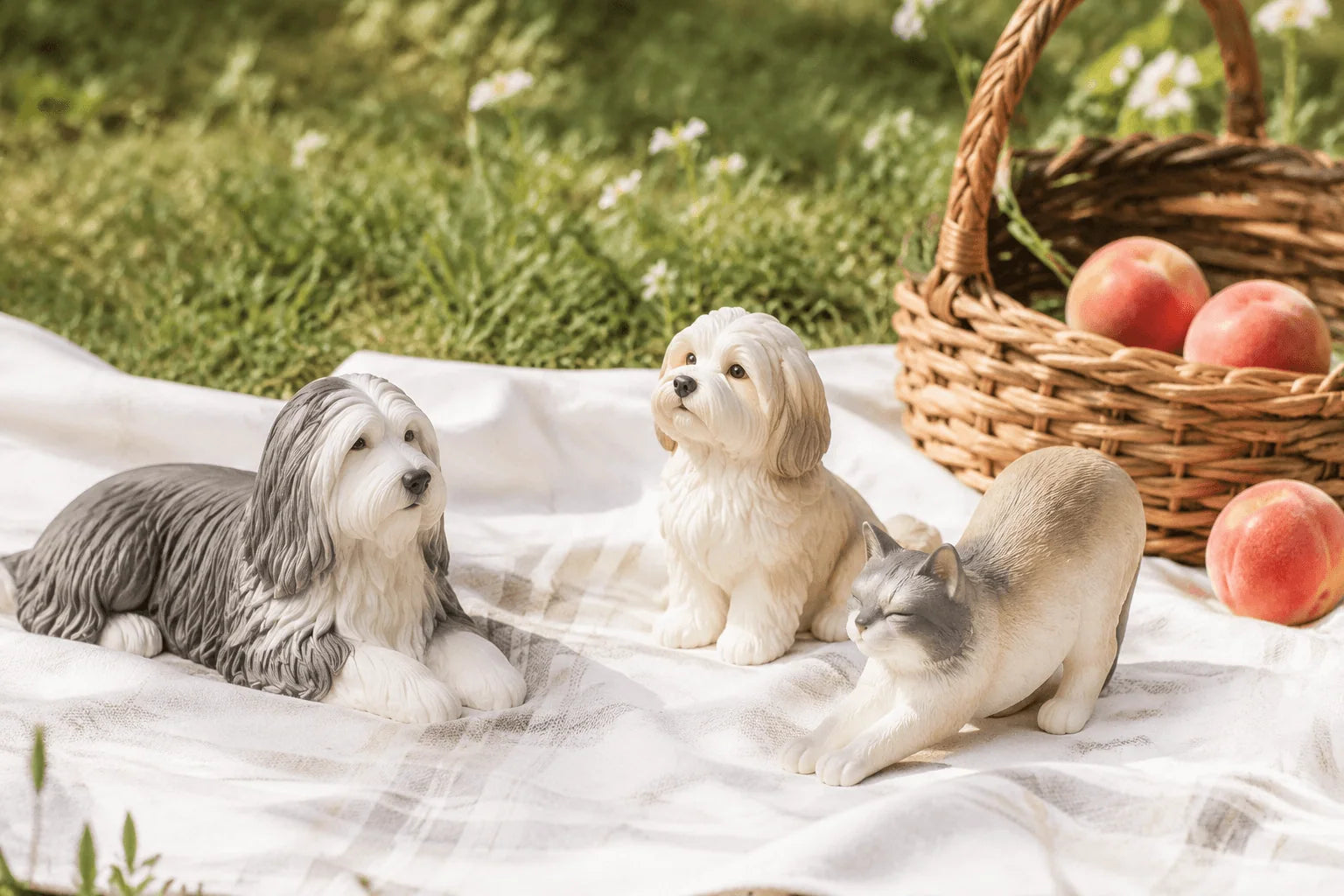 Editorial picnic scene with three palm-sized pet figurines and peaches