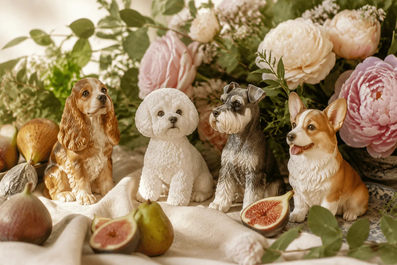 Pet figurines arranged with summer roses and figs