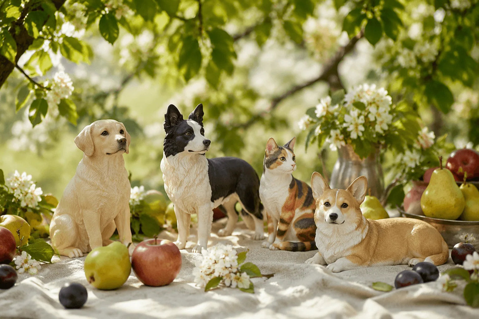 Editorial orchard-table arrangement of colorful pet figurines