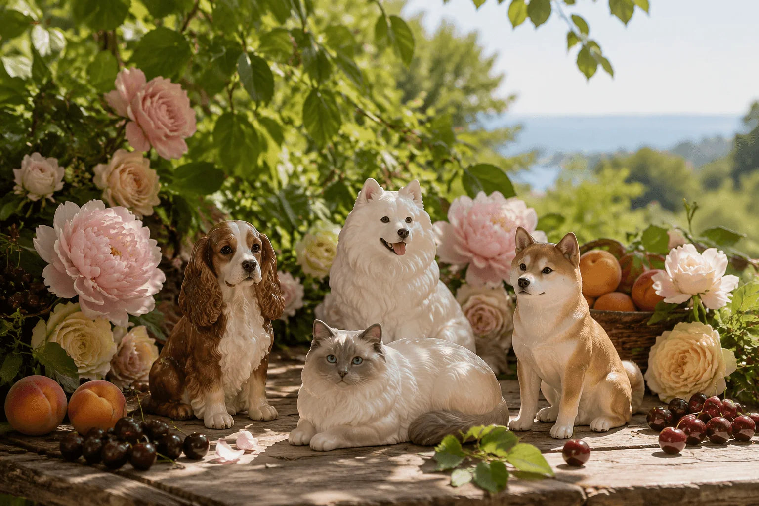Quiet garden-table still life of custom pet figurines