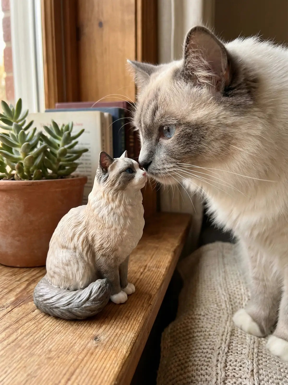 A custom PawSculpt figurine beside the pet it was sculpted from