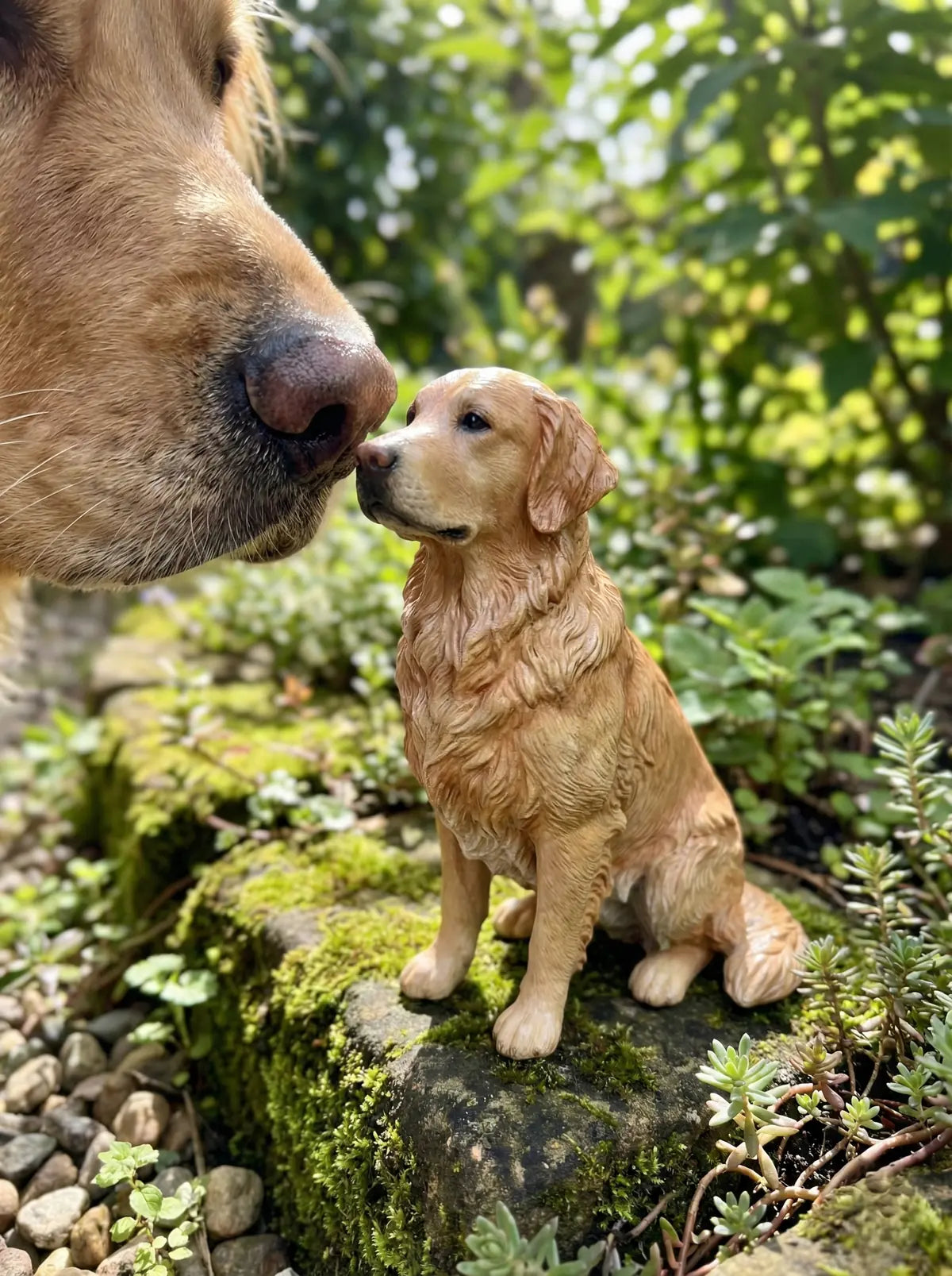 A custom PawSculpt figurine beside the pet it was sculpted from