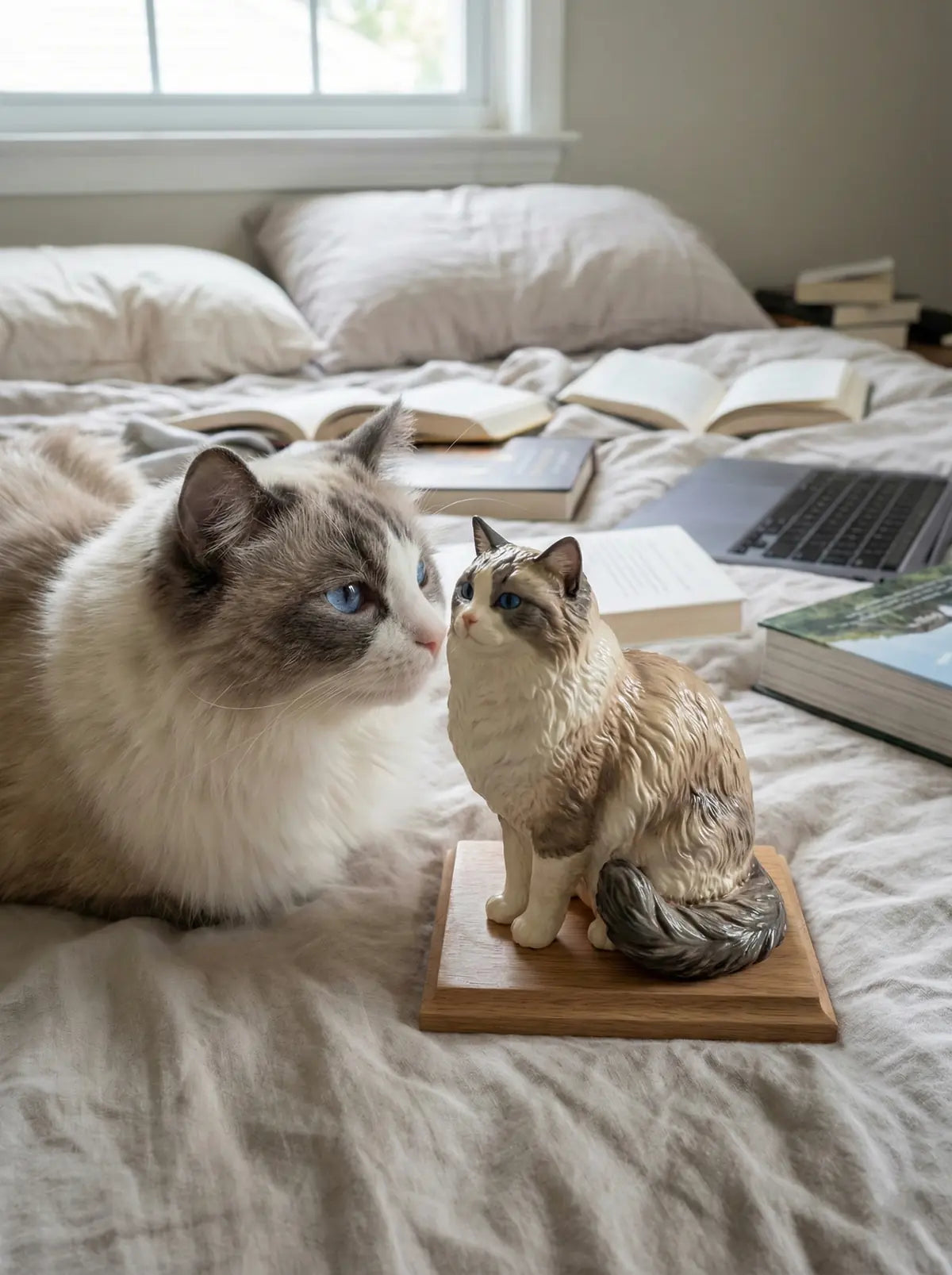 A custom PawSculpt figurine beside the pet it was sculpted from