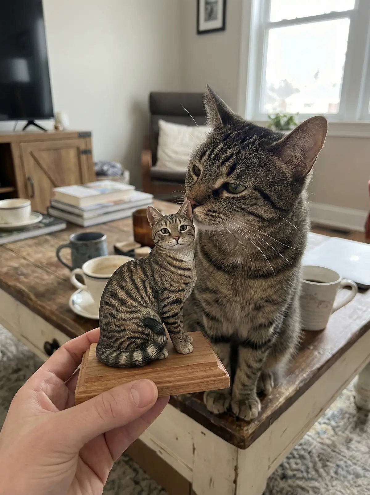 A custom PawSculpt figurine beside the pet it was sculpted from