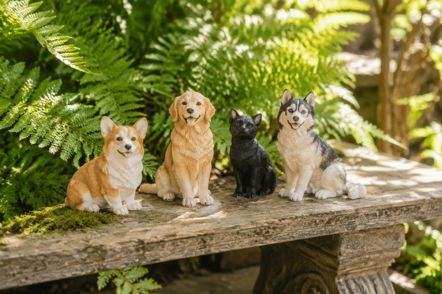 Pet figurines gathered on a shaded garden bench