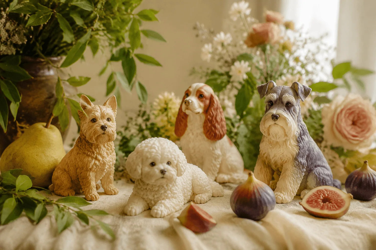 Custom pet figurines styled in a home setting